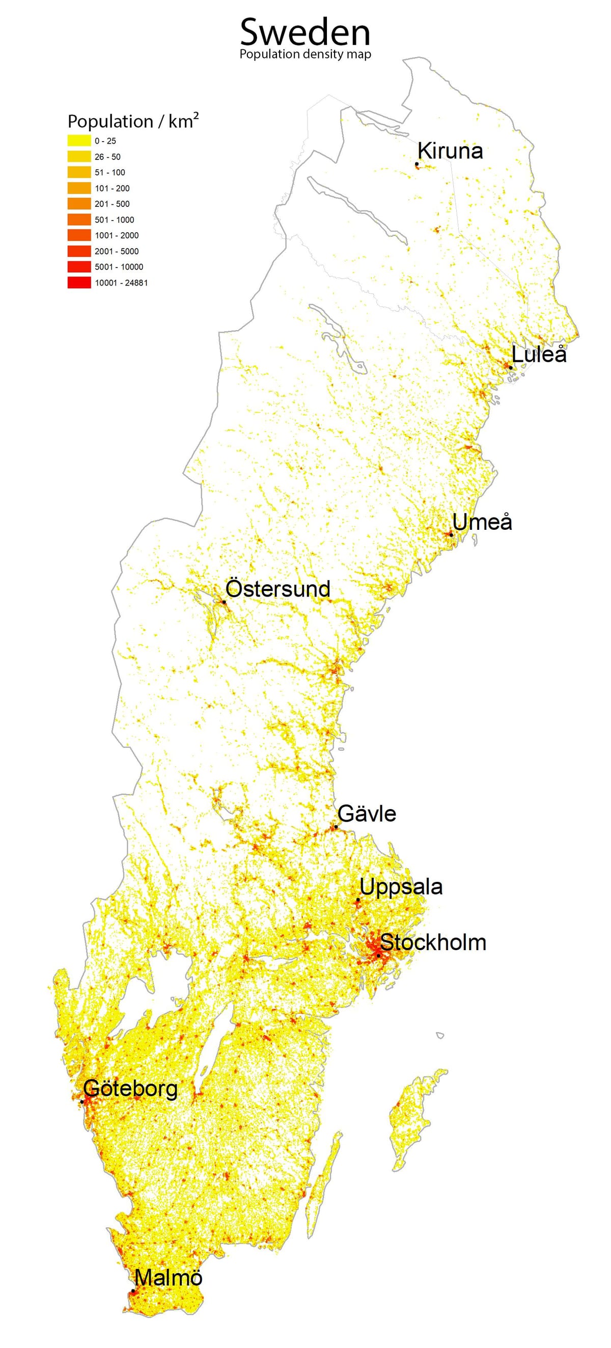 mapa gęstości zaludnienia Szwecji